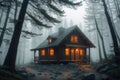 a cabin in the woods with a light on at the end of the night in the foggy forest Royalty Free Stock Photo