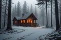 a cabin in the woods with a light on at the end of the night in the foggy forest Royalty Free Stock Photo