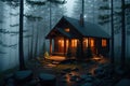 a cabin in the woods with a light on at the end of the night in the foggy forest Royalty Free Stock Photo