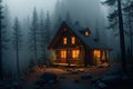a cabin in the woods with a light on at the end of the night in the foggy forest Royalty Free Stock Photo