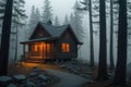 a cabin in the woods with a light on at the end of the night in the foggy forest Royalty Free Stock Photo