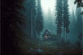 a cabin in the woods with a light on at the end of the night in the foggy forest with rocks and trees around it and rocks on the Royalty Free Stock Photo