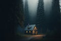 a cabin in the woods with a light on at the entrance to the cabin at night time with fog and fog around the cabin and trees around Royalty Free Stock Photo