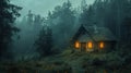 Cabin in the Woods With a Light On Royalty Free Stock Photo