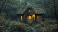 Cabin in the Woods With a Light On Royalty Free Stock Photo
