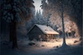 a cabin in the woods is lit up by a light on the roof of the cabin and the snow is covering the ground Royalty Free Stock Photo