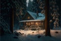 a cabin in the woods is lit up at night with lights on the windows and snow on the ground Royalty Free Stock Photo