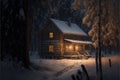a cabin in the woods at night with a light on the door and a snow covered path leading to the cabin Royalty Free Stock Photo