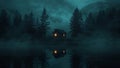 Cabin in the woods at night with reflection on the lake Royalty Free Stock Photo