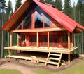 A cabin in the woods with red roof under construction