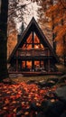 a cabin in the woods surrounded by autumn leaves Royalty Free Stock Photo