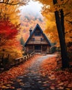 a cabin in the woods surrounded by autumn leaves Royalty Free Stock Photo