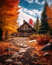 a cabin in the woods surrounded by fall foliage