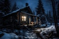 Cabin in the Woods, Wooden Shack. winter night fantasy forest. Christmas season landscape. Wooden hut.