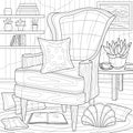Cabinet. Armchair with cushions interior.Coloring book antistress for children and adults.