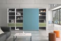 Minsk Belarus - March 12 2022: Cabinet with books in modern apartment interior