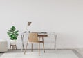 Cabinet with a glass table, wooden chair and soft pouf