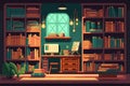 Cabinet with a lot of books on the shelves. cartoon illustration. Generative ai