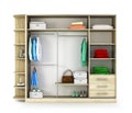 Cabinet. Open closet compartment with things