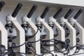 Cabinet with row of microscopes on shelve at biology Royalty Free Stock Photo