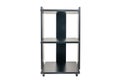 Cabinet or shelving unit on wheels with shelves on a white isolated background. Black chipboard