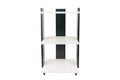 Cabinet or shelving unit on wheels with shelves on a white isolated background. Combined black with white chipboard