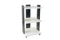 Cabinet or shelving unit on wheels with shelves on a white isolated background. Combined black with white chipboard