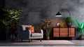 Cabinet TV in a gorgeous living room with an armchair, lamp, table, flower, and plant on a concrete wall background Royalty Free Stock Photo