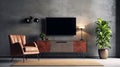 Cabinet TV in a modern living room with an armchair, lamp, table, flower, and plant on a concrete wall background Royalty Free Stock Photo