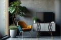 Cabinet TV in modern living room with armchair,lamp,table,flower and plant on concrete wall background. Generative AI Royalty Free Stock Photo