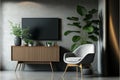 Cabinet TV in modern living room with armchair,lamp,table,flower and plant on concrete wall background. Generative AI Royalty Free Stock Photo