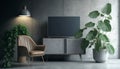 Cabinet TV in modern living room with armchair, lamp, table, flower and plant on concrete wall background. Generative AI Royalty Free Stock Photo