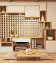 Cabinet wooden japanese style with low table wooden and sit pillowon Empty room minimal interior.3D rendering