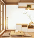 Cabinet wooden japanese style with low table wooden and sit pillowon Empty room minimal interior.3D rendering