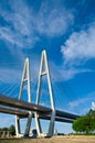 Cable-braced bridge across the river Royalty Free Stock Photo