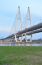 Cable-braced bridge across the river Neva. Royalty Free Stock Photo