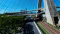 Radical flight under the cable-stayed bridge in Sao Paulo Brazil.