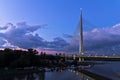 Cable bridge at twilight over Sava river near Ada island, Belgrade Royalty Free Stock Photo