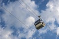 Cable car against blue sky with white clouds. Cable car connects Sparrow Hills well known as Vorobyevy Gory park with Sport Comp