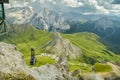 Cable car approaching top station in Sass Pordoi in Dolomites