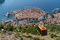 A cable car steadily climbs a hill, transporting passengers while the city of Dubrovnik Royalty Free Stock Photo