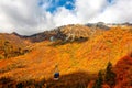 A cable car flying over the beautiful autumn valley in Tateyama Kurobe Alpine Route, Toyama, Japan Royalty Free Stock Photo