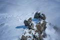 Cable car in fog from above on the mountain Schilthorn, Switzerland Royalty Free Stock Photo