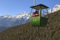 Cable Car on foreground with some tourists inside and Jade Dragon Snow Mountain on foreground. The Jade Dragon Snow Mountain, in Y