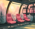 Cable car interior shows empty pink seats with mountain view at sunset Royalty Free Stock Photo
