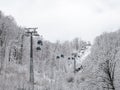 Cable car with lifts in the mountains among snowy trees