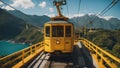 cable car in the mountains A yellow train on a bridge. The train is a cable car that runs on wires, with glass panel Royalty Free Stock Photo