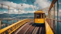 cable car in the mountains _A yellow train on a colorful bridge . The train is a cable car that runs on wires, with glass panel Royalty Free Stock Photo