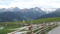 Cable car reaching the Isskogel mountain peak at village Gerlos in Tirol Austria. Aerial view around Kitzbuehel Alps