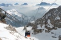 Cable car rope way mountain scenery, winter Italy Dolomites, Marmolada